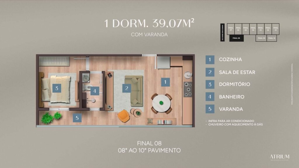 Apartamento de 1 dormitório no Atrium, Vila Ema — com varanda