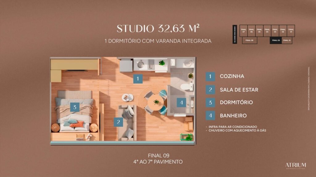 Studio no Atrium, Vila Ema — 29,16 a 32,63 m²
